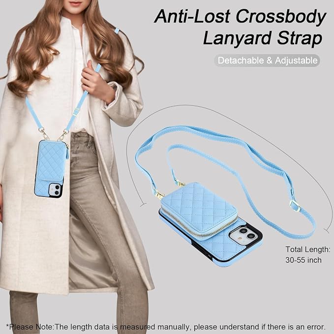 Bocasal Crossbody Wallet Case for iPhone 12/12 Pro, RFID Blocking PU Leather Zipper Handbag Purse Flip Cover, Kickstand Folio Case with Card Slots Holder Wrist Strap Lanyard 5G 6.1 Inch (Blue)