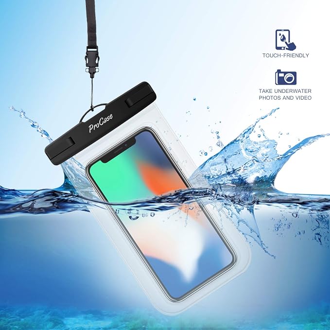 ProCase Waterproof Phone Pouch for iPhone 17 Air 16 15 14 13 12 11 Pro Plus Max Mini Xs XR X 8 7 Galaxy S23 S22 S21 Ultra Note Black Underwater Case, up to 7" -Clear