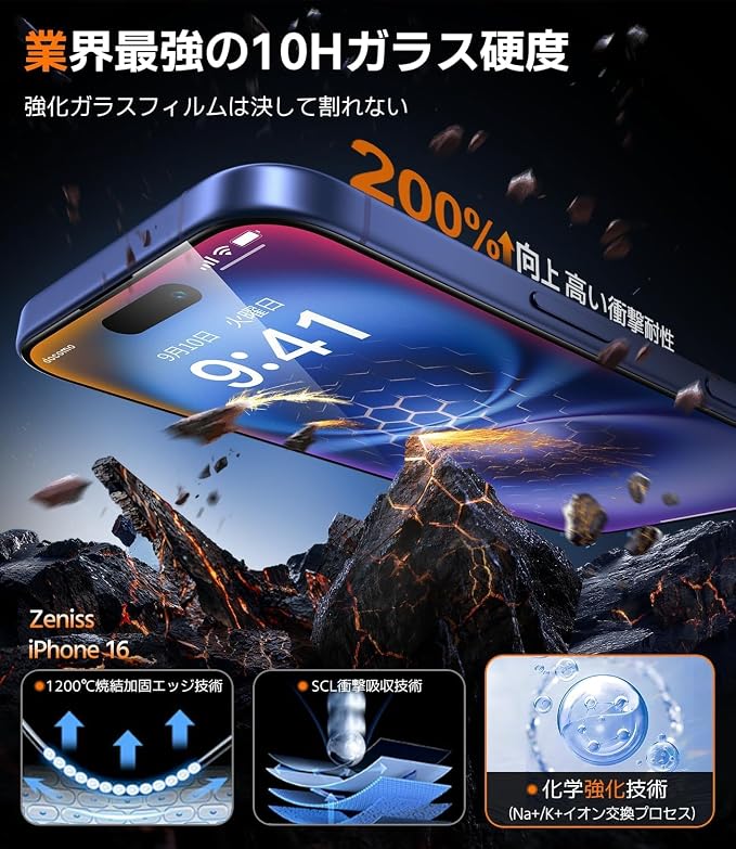 NeverBreak 9H+ Hardness for iPhone 16 Screen Protector 12FT Military Grade Protection (Scratch, Shatter, Drop Resistance) 16 Tempered Glass Full Edge Coverage Case Friendly 6.1" 2 Pack