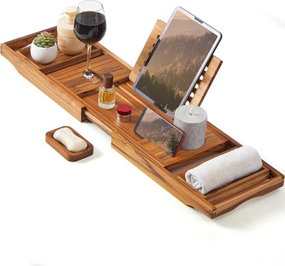 XcE Teak Bathtub Caddy Tray - Expandable to 41 Inches with Book Stand, Soap Holder & Anti-Slip Pads for Luxury Bath Spa, Teak