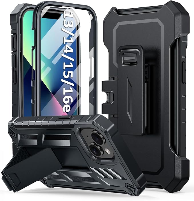 for iPhone 13/14/15 Phone Case: for iPhone 16e Protective Cover with Belt Clip Holster | Durable Dual-Layer Design with Built-in Kickstand | Heavy Duty Military Grade Hard Protection Shock Proof