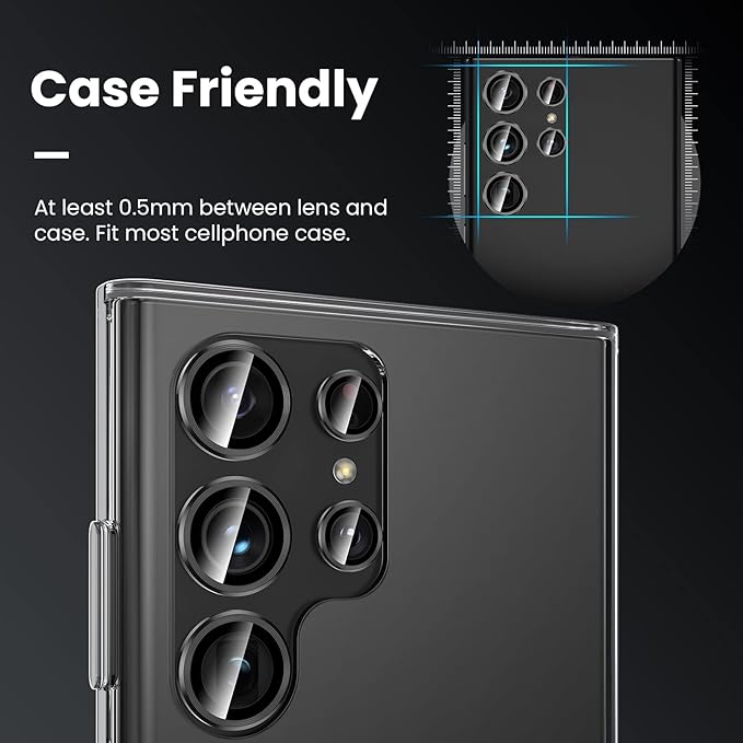 Tensea [3+2PCS for Samsung Galaxy S23 Ultra 5G Camera Lens Protector, 9H Tempered Glass Camera Cover Screen Protector Metal Individual Ring [Installation Tray][Removal tool][Case Friendly]- Black