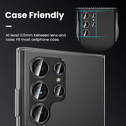 Tensea [3+2PCS for Samsung Galaxy S23 Ultra 5G Camera Lens Protector, 9H Tempered Glass Camera Cover Screen Protector Metal Individual Ring [Installation Tray][Removal tool][Case Friendly]- Black