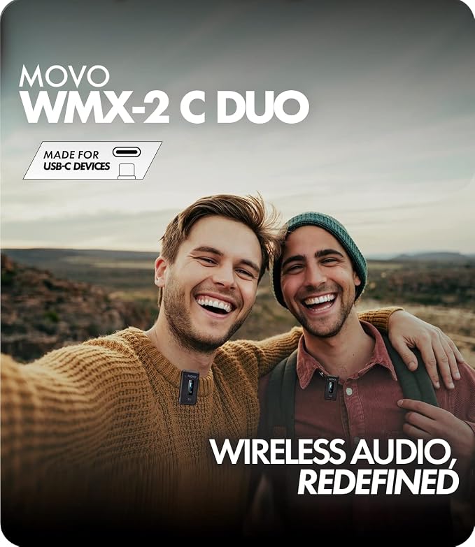 Movo WMX-2-C Duo Wireless Microphone System for USB-C – Dual Clip-On Lavalier Mics for iPhone 15, Android, iPad Pro, MacBook – 2 Wireless Transmitters, Charging Case, 7HR Battery, 328ft Range
