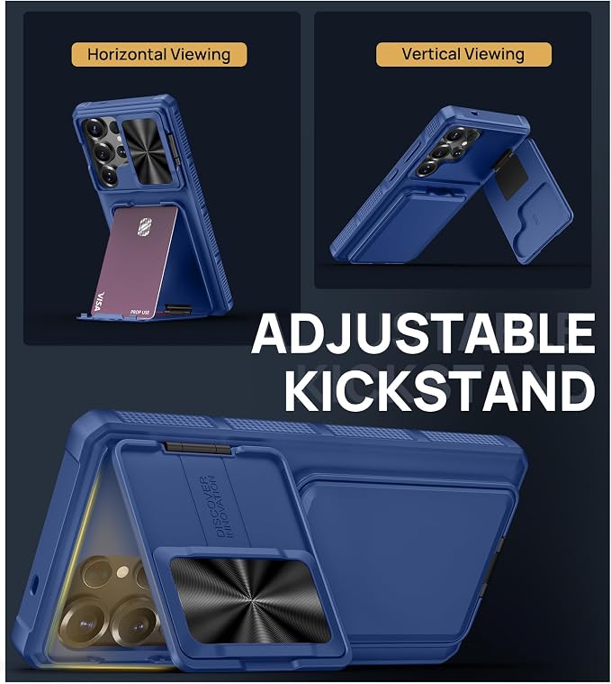 SSLOTSCASE for Samsung Galaxy S25 Ultra Case with Stand & Credit Card Holder & Sliding Camera Cover, Full-Body Drop Proof TPU Soft Silicone Edge Protective Case Cover for Galaxy S25 Ultra 6.9‘’, Blue