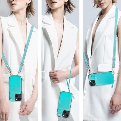 Bocasal Crossbody Wallet Case for iPhone 14/13, RFID Blocking Leather Purse Case with Card Holder, Protective Handbag Flip Cover with Zipper Wrist Strap Lanyard for Women 5G 6.1 Inch (Mint Green)