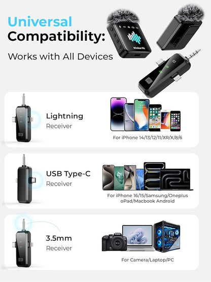 3-in-1 Mini Microphone for iPhone: Wireless Lavalier Microphone with 80ft Range & 15H Battery - Noise Reduction Lapel Mic, Real-Time Monitoring for Video Recording, Vlog,Light Black