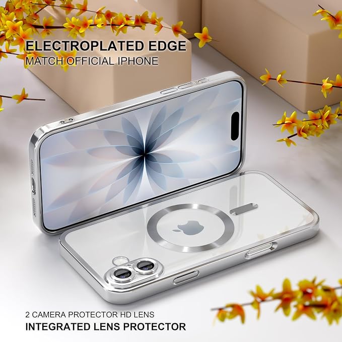 Misea Magnetic for iPhone 17 Case Compatible with MagSafe [Never Yellowing] [Military Grade Drop Protection] Full Camera Lens Protector Plating Soft Clear Phone Case for Women, Silver