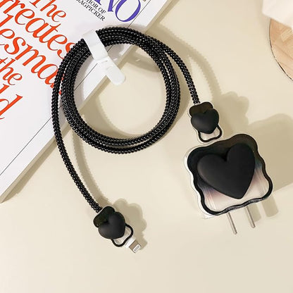 Lovmooful Compatible for iPhone 18W/20W USB-C Charger Cover Clear Lovely 3D Love Heart with Waves Design Soft Charger Protector Cute Cable Case Saver Protector for Girls Women-(Black Heart) 2