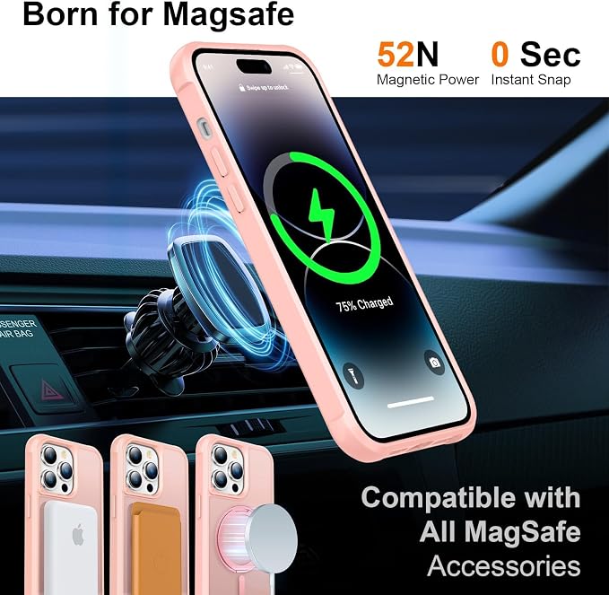 360° Magnetic Swivel Ring for iPhone 14 pro max case, Built-in Metal Stand and Ring Holder, Magsafe Compatible, Military Grade Protection, Shock Resistant - Pink