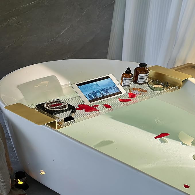 Acrylic Bathtub Caddy Tray, Expandable Bathtub Tray with Gold Handles, Reading Rack Tablet Holder Holds Phone, Books, Candles, Food, Wine and Tablet(70cm/27.5inch, Ripple)