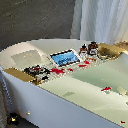 Acrylic Bathtub Caddy Tray, Expandable Bathtub Tray with Gold Handles, Reading Rack Tablet Holder Holds Phone, Books, Candles, Food, Wine and Tablet(80cm/31inch, Ripple)