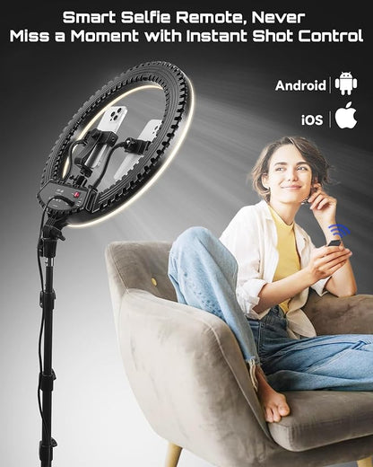 18" Professional LED Ring Light Kit with Tripod,CRI≥95, 3000K-6000K Adjustable Brightness & Color Temp, Includes Phone Holder & Remote for Live Streaming, YouTube, TikTok, Photography, Makeup