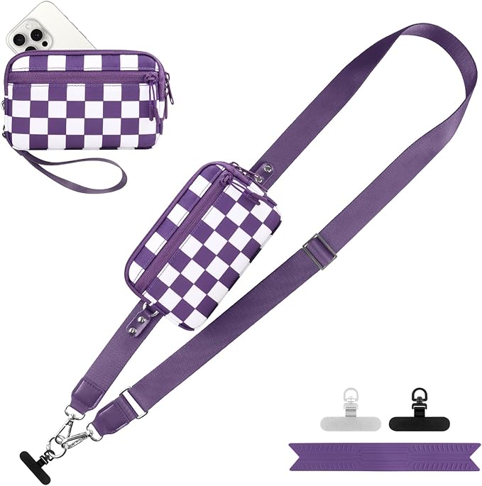 YFWE Clip and Go Strap for Phone with Wallet Crossbody, Adjustable Phone Lanyard with Detachable RFID Wristlet Wallet, Phone Strap with Phone Tabs for All Phones, Purple Checkered (L)