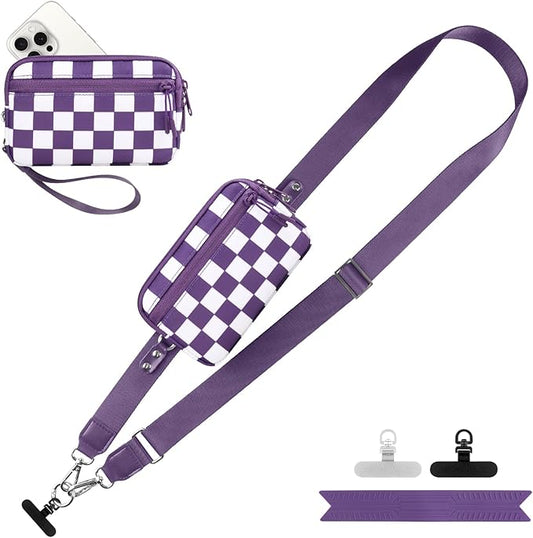 YFWE Clip and Go Strap for Phone with Wallet Crossbody, Adjustable Phone Lanyard with Detachable RFID Wristlet Wallet, Phone Strap with Phone Tabs for All Phones, Purple Checkered (L)