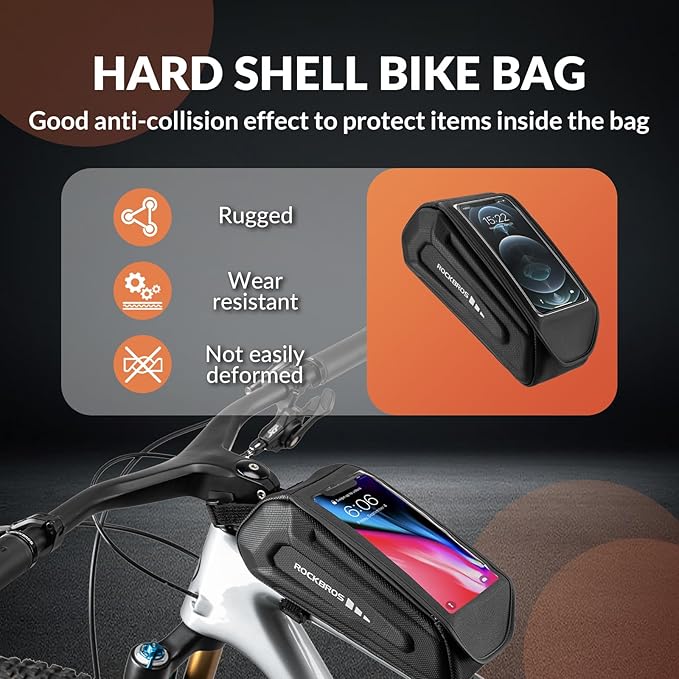 ROCKBROS Bike Phone Mount Racks & Bag, Oversized EVA Waterproof Bike Phone Holder Top Tube Front Frame Bag Bicycle Accessories Pouch for Phones Under 7.5” (Black-1.7L(Flip-top design))
