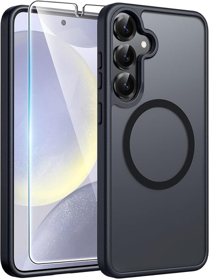 FNTCASE for Samsung Galaxy S25/S24 Case, Fit for Magsafe, Screen Protector | Translucent Matte Magnetic Back, 14FT Military Grade Drop Protection, Shockproof Protective Phone Cover, Black