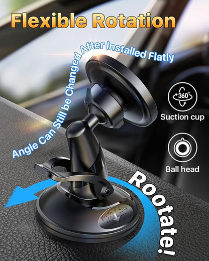 YRU [True Upgraded Military-Grade Phone Holder for Magsafe Car Mount 360° Rotating Vacuum Suction Dashboard, 2800gf Strongest Magnetic Windshield Phone Mount for iPhone 17 Pro Max 16 15 14,Black