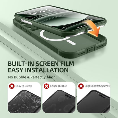 BERFY for iPhone 17 Pro Case, Compatible with MagSafe, Built-in Glass Screen Protector, Camera Protection, Shockproof Full Body Phone case 6.3", Translucent Deep Green