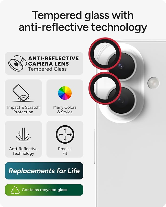 ZAGG iPhone Camera Lens Protector for iPhone 17/16/ 16 Plus - Red, Camera Ring, Maximum Impact & Scratch Protection, Anti-Reflective Technology, Smudge-Resistant, Precise Fit, Glass Elite