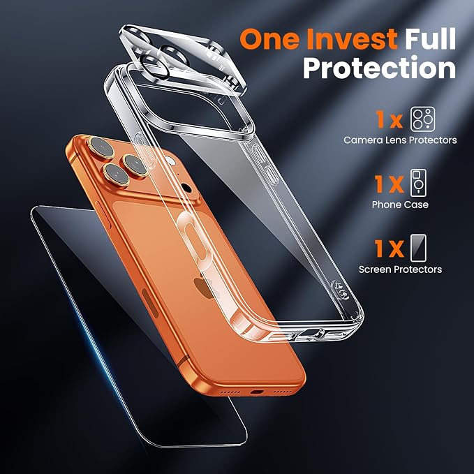 3 in 1 for iPhone 17 Pro Max Case Clear,Yellowing-Resistant Acrylic Back Screen Protector *1 & Camera Lens Protector*1, Shockproof for Phone Cover 6.9 inch