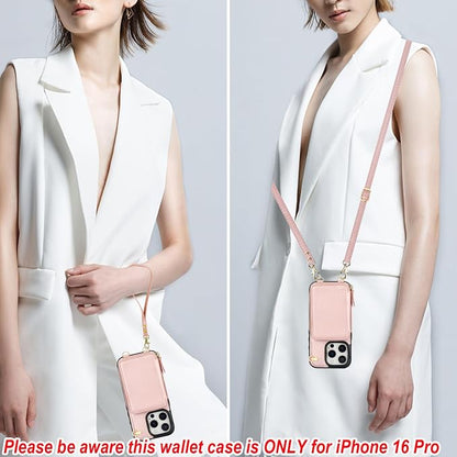 Bocasal Crossbody Wallet Case for iPhone 16 Pro, RFID Blocking Leather Purse Case with Card Holder, Protective Handbag Flip Cover with Zipper Wrist Strap Lanyard for Women 5G 6.3 Inch (Rose Gold)