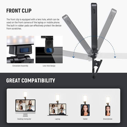 NEEWER Basics LED Selfie Phone Light, Rechargeable 2500-9000K Clip On Fill Light, Color Films/Diffuser/3000mAh, CRI95+ Dimmable Video Conference Lighting for iPhone Camera Laptop Zoom Call, BL120B