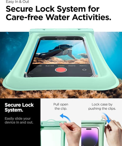 Spigen AquaShield Floating Universal Waterproof Phone Pouch, Waterproof Phone Case, PVC Protective Dry Bag Cases with IPX8 A610 Compatible with iPhone, Galaxy, Google (Pack of 1) - Floatable Mint