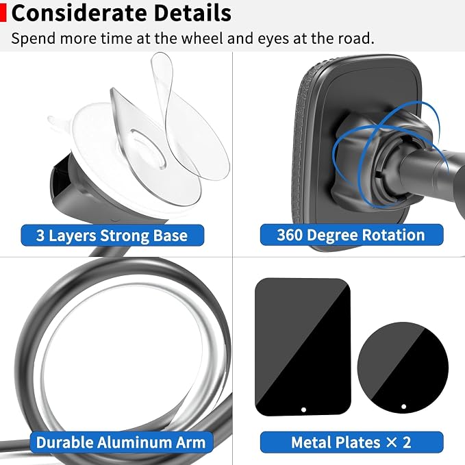 APPS2Car Magnetic Phone Holder for Car, Anti-Shake Windshield Phone Mount for Truck [Flexible Long Arm], Gooseneck Cell Phone Car Mount [6 Strong Magnets] Fit for iPhone & Android Smartphones