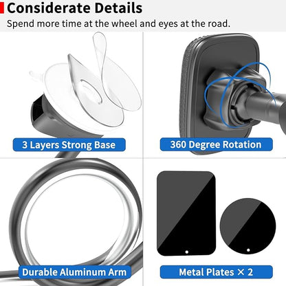 APPS2Car Magnetic Phone Holder for Car, Anti-Shake Windshield Phone Mount for Truck [Flexible Long Arm], Gooseneck Cell Phone Car Mount [6 Strong Magnets] Fit for iPhone & Android Smartphones