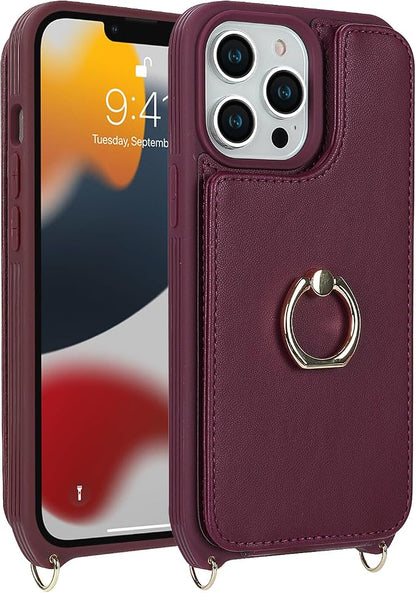 Lipvina for iPhone 12/12 Pro Case with Card Holder and Strap for Women,Crossbody Lanyard,RFID Blocking,Kickstand Ring Stand,Snap Clasp,Phone Wallet Cases 6.1 inch(Wine Red)