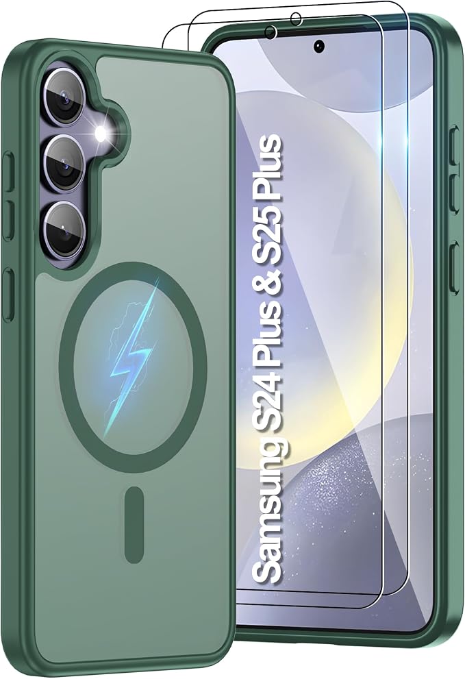 For Samsung Galaxy S24 Plus Case & S25 Plus Case [Compatible with Magsafe] Translucent Matte Magnetic,Slim Thin Duty Shockproof with 2pc Screen Protector Protection Case for S24 Plus/S25 Plus-green