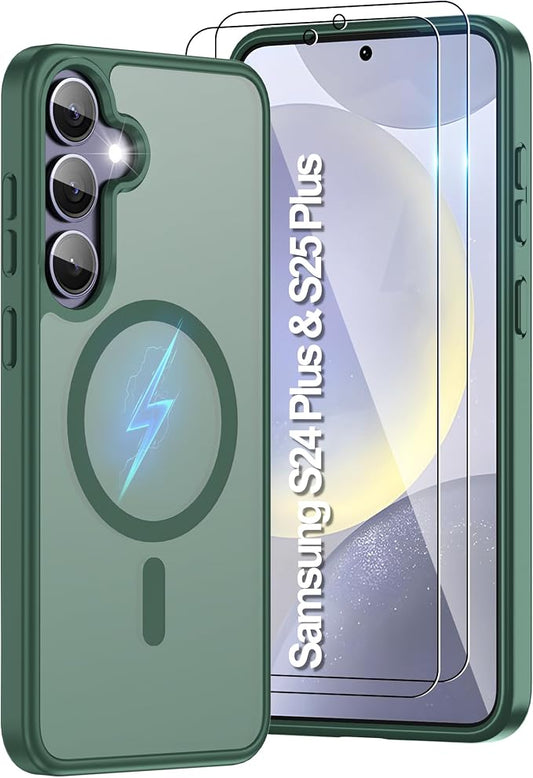 For Samsung Galaxy S24 Plus Case & S25 Plus Case [Compatible with Magsafe] Translucent Matte Magnetic,Slim Thin Duty Shockproof with 2pc Screen Protector Protection Case for S24 Plus/S25 Plus-green
