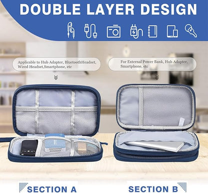 CAAORDKSO Electronic Organizer Travel Cable Accessories Bag, Double Layer Tech Pouch Accessories Carry Case, Travel Essentials for Cable, Cord, Charger, Phone, Power Bank, Earphone (Navy Blue, Large)