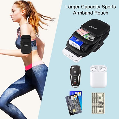 3 Pockets Running Phone Armband Holder for iPhone 16 15 14 Pro Max 13 Plus 12 11 XS XR X 8 7 Galaxy S23 Pouch Key Card Bag, Water Resistant Cell Phone Sport Arm Bands for Exercise Walking Workout Gym
