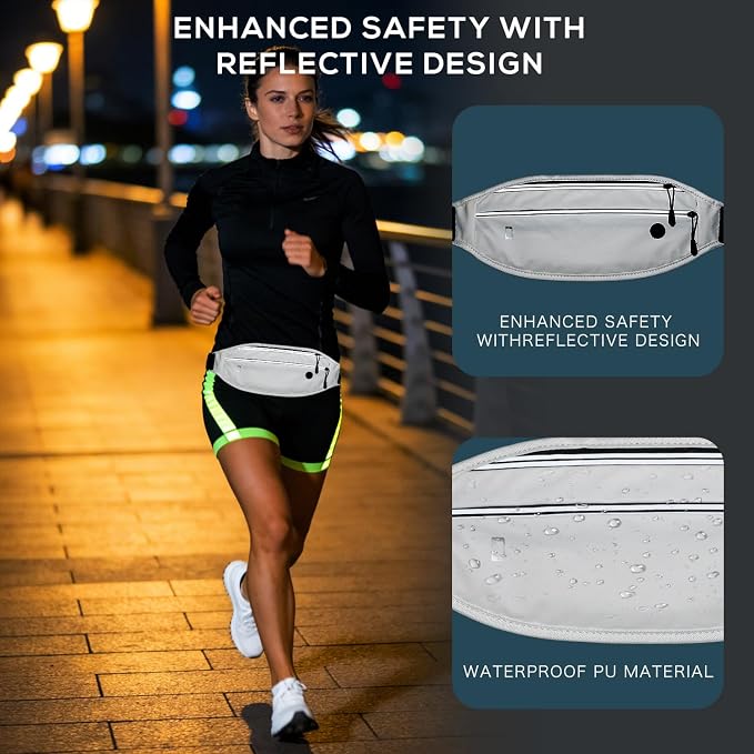 Running belt for Women &Men,Adjustable Exercise Waist Pack Reflective Running Belt for Sports Workout Cycling Hiking, Casual Hands-Free Wallets Phone Bag Fits All Phones (white)