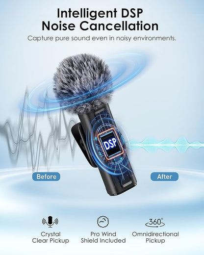 Wireless Mini Microphone for iPhone, Android, Camera, PC, 4 in 1 Lavalier Mic with 360° Rotatable Clip, Plug and Play Noise Reduction Lapel Mic for Video Recording YouTube TikTok Content Creators