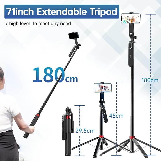ULANZI MA09 71'' Phone Tripod, Selfie Stick Cell Phone Tripod Stand with Wireless Remote Control 360° for Rotation Travel Selfie Video Recording Live Compatible with iPhone Android Camera Action GoPro