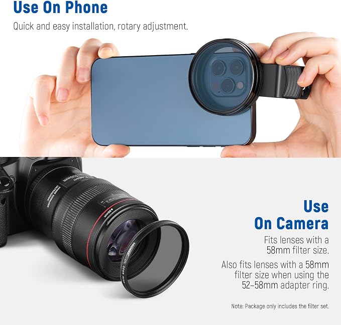 NEEWER 58mm Lens Filter Kit with Clip, CPL + ND32 + Starlight + 4 Graduated Colors, Compatible with iPhone 17 16 16e 15 14 Pro Max Canon Nikon Sony Camera