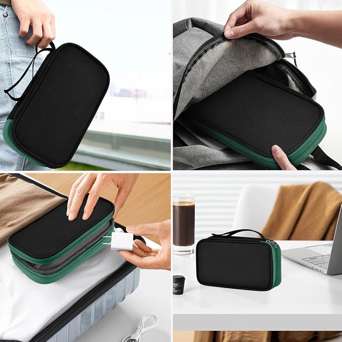 ZINMARK Portable Cable Organizer Case,Travel Pouch with Double-Layer Storage for Cables,Chargers,Earbuds & Phone,Black Green– Small Size