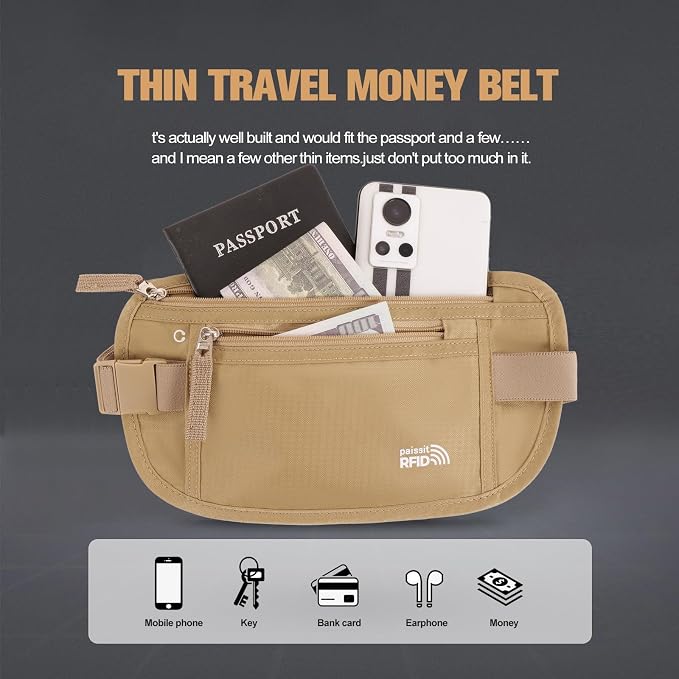 Small Unisex Money Belt For Men and Women, Slim Passport Holder RFID Blocking Travel Essentials Pouch with Adjustable Strap Small Waist Pouch for Workout Running Travelling Hiking, Beige & 8 Sleeves