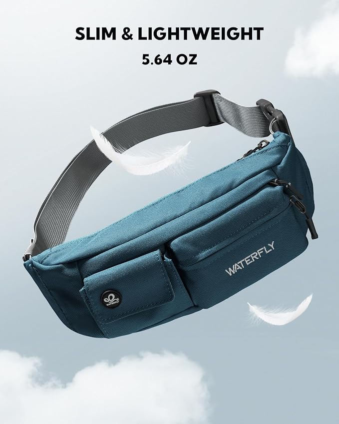 WATERFLY Small Crossbody Fanny Pack: 5 Pocket Slim Lightweight Waist Belt Hip Bag for Women Men Water Resistant Chest Pouch for Travel Hiking Running Walking Fit All Phones - Peacock Blue