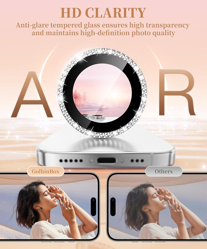 GolbinBox Camera Lens Protector for iPhone 15 Pro/15 Pro Max, 1:1 Invisible Fit, 9H Tempered Glass Ultra HD Metal Individual Camera Cover for Women, Case Friendly, Bling/Silver