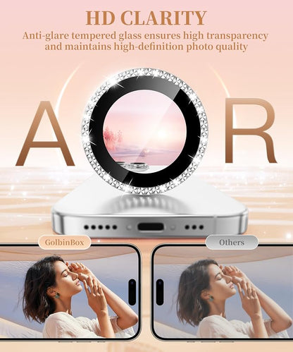 GolbinBox Camera Lens Protector for iPhone 15 Pro/15 Pro Max, 1:1 Invisible Fit, 9H Tempered Glass Ultra HD Metal Individual Camera Cover for Women, Case Friendly, Bling/Silver