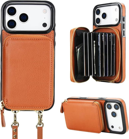 Bocasal Crossbody Wallet Case for iPhone 17 Pro Max, RFID Blocking Leather Purse Case with Card Holder, Protective Handbag Flip Cover with Zipper Wrist Strap Lanyard for Women 5G 6.9 Inch (Brown)