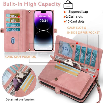 for Wallet Case Compatible with iPhone 14 Pro Max,Multi-Function Detachable 2 in 1 Magnetic iPhone 14 Pro Max Case Wallet,Flip Strap Zipper Card Holder Phone Case with Shoulder Straps (Pink)