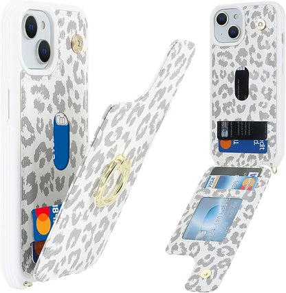 Lipvina for iPhone 14 Plus Case with Card Holder and Strap for Women,Crossbody Lanyard,RFID Blocking,Stand Ring Kickstand,Snap Clasp,Cute Phone Wallet Cases 6.7 inch(White Leopard)