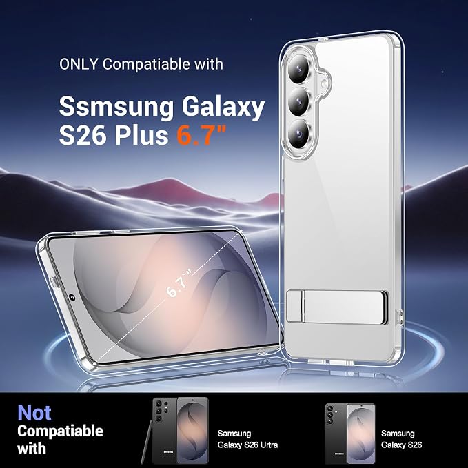 Temdan Designed for Samsung Galaxy S26 Plus Case Clear, Built-in Invisible Kickstand [Military Grade Drop Protection] Anti-Yellowing Slim Fit Shockproof Cover for Galaxy S26 Plus 6.7 Inch - Clear