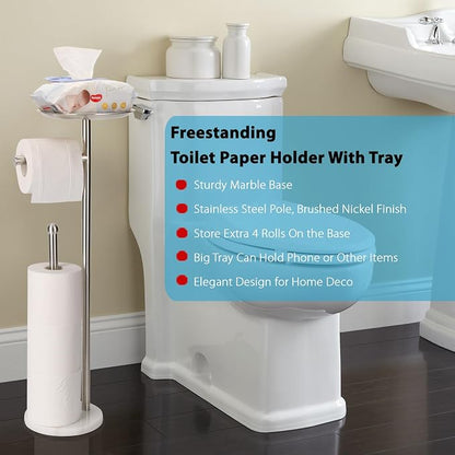 Noonext Toilet Paper Holder Stand with Shelf, Freestanding Toilet Paper Holder, Heavy Marble Base No Tipping Over (Brushed Nickel)