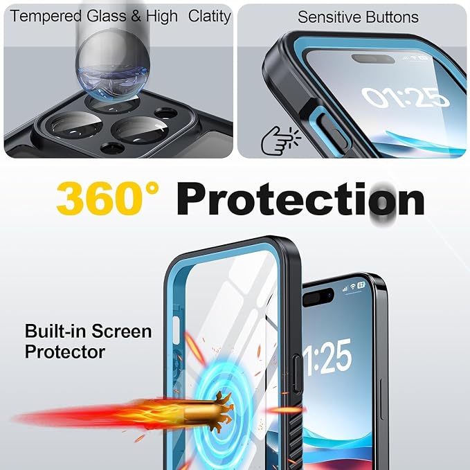 for iPhone 15 Pro Case Waterproof - Built-in Privacy Screen Protector & HD Screen Protector [IP68 Underwater] Shockproof Dustproof Full Body Protection iPhone 15 Pro Phone Case Blue